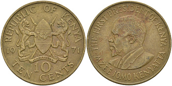 Кения 10 центов 1971 Джомо Кениата KM 11 никель латунь 4590-1124
