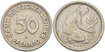 ФРГ 50 пфеннигов 1949 G KM 104, J. 379 медно-никель 112-944