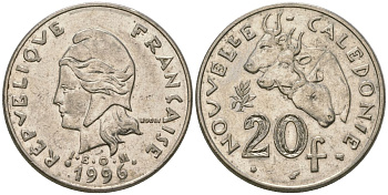 Французская Новая Каледония 20 франков 1996 три быка, (IEOM) KM 12, Schoen 14, Lec 115a никель 4131-434