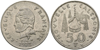 Французская Новая Каледония 50 франков 1972 хижина среди сосен и пальм, (IEOM) KM 13, Schoen 15, Lec 121 никель 111-512