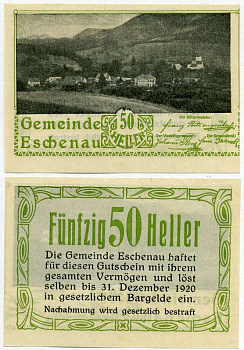 Австрия, Эшенау 50 геллеров 1920 31 декабря 1920, нотгельд, коммуна в земле Нижняя Австрия   бумага  UNC (пресс) 8614-28-4-1