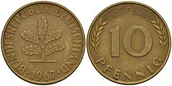 ФРГ 10 пфеннигов 1967 F J. 383, KM 108 сталь плакированная латунью    4603-332
