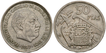 Испания 50 песет 1957 (59) Франсиско Франко (1939-1975) KM 788 медно-никель 4599-113