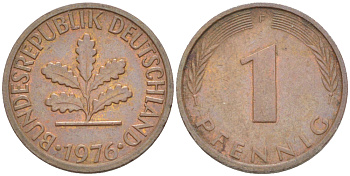 ФРГ 1 ПФЕННИГ 1976 F KM 105, J. 380 сталь плакированная медью 4181-623