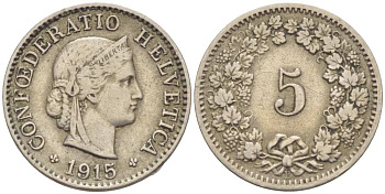ШВЕЙЦАРИЯ 5 РАППЕНОВ 1915 В KM 26 медно-никель 3955-1132