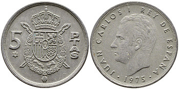 Испания 5 песет 1975 (80) Хуан Карлос I (1975-2014) KM 807 медно-никель 4384-135