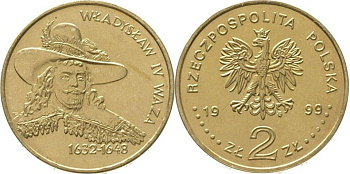 Польша 2 злотых 1999 MW, серия Польские короли, Владислав IV Ваза (1632-1648) KM 368 нордик UNC 4521-642