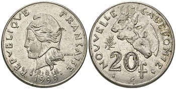 Французская Новая Каледония 20 франков 1999 три быка, (IEOM) KM 12, Schoen 14, Lec 115c никель 81-332