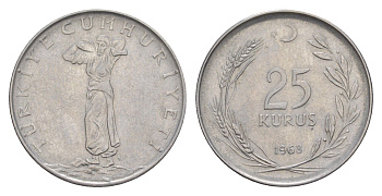 Турция 25 курушей 1968 KM 892.3 нержавеющая сталь 4577-353