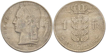 БЕЛЬГИЯ 1 ФРАНК 1962 BELGIQUE, БОДУЭН I (1951-1993) KM 142.1 медно-никель 202-1017