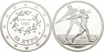 Греция 10 евро 2003 XXVIII летние Олимпийские игры 2004 года в Афинах, метание копья KM 193 серебро PROOF 02-035-23
