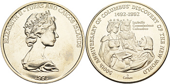 Теркс и Кайкос 5 крон 1991 500 лет открытия Америки, Колумб и королева Изабелла KM 75 медно-никель  UNC 1078-1-62