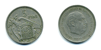 ИСПАНИЯ 5 ПЕСЕТ 1957 (60) ФРАНСИСКО ФРАНКО ДИКТАТОР ИСПАНИИ (1939-1975) KM 786 медно-никель 53-826