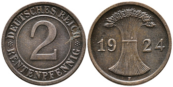 ГЕРМАНИЯ 2 РЕНТЕНПФЕННИГА 1924 F KM 31, J. 307 бронза 24-542