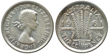 Австралия 3 пенса 1961 m, Елизавета II (1952-2022) KM 57 серебро 71-717