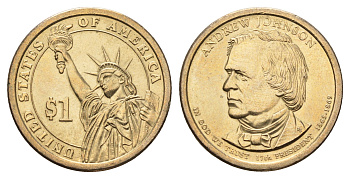 США 1 доллар 2011 P, Президент США - Эндрю Джонсон (1865-1869) KM 499 медь с марганцево-латунным покрытием UNC 4698-1123