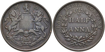 Британская Индия 1/2 анна 1835 M, Британская Ост-Индская компания, Мадрас, диаметр 30,8 мм. KM 447.1 медь 88-935