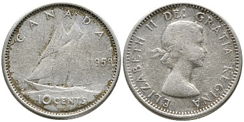 Канада 10 центов 1959 ЕЛИЗАВЕТА II (1952-), ПАРУСНИК, ПЕРВЫЙ ПОРТРЕТ KM 51 серебро 4532-756