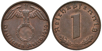 Германия 1 рейхспфенниг 1939 B KM 89, J. 361 бронза 4124-156
