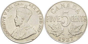 КАНАДА 5 ЦЕНТОВ 1927 ГЕОРГ V KM 29 никель 4448-921
