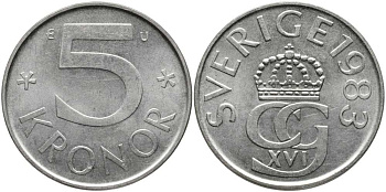 Швеция 5 крон 1983 U, Карл XVI Густав (1973- ) КМ 853 медно-никель 180-626