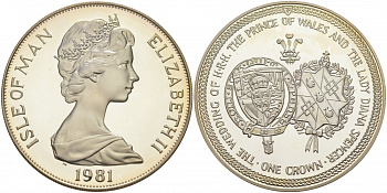 Остров Мэн 1 крона 1981 Королевская свадьба принца Чарльза и леди Дианы, гербы KM 81a серебро PROOF 02-056-22