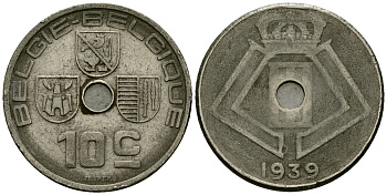 Бельгия 10 сантимов 1939 Belgie - Belgique KM 113 никель латунь 4121-656