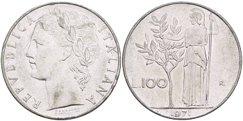 Италия 100 лир 1971 R, Афина KM 96.1 нержавеющая сталь 4545-644