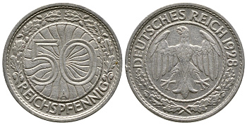Германия 50 рейхспфеннигов 1928 A KM 49, J. 324 никель 4380-354