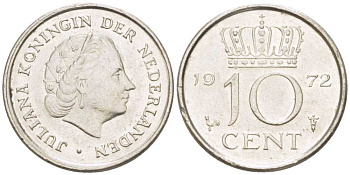 Нидерланды 10 центов 1972 Юлиана (1948-1980) KM 182 никель 214-1256