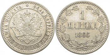 Россия для Финляндии 1 марка 1866 S, Александр II (1855-1881) KM 3.1, Биткин 626 серебро  633-115