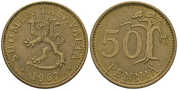 Финляндия 50 пенни 1967 S, самый редкий год выпуска - 400.000 KM 48 алюминиевая бронза 4579-1244