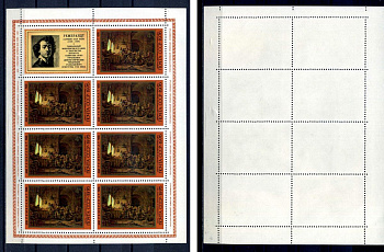 СССР лист из 7 марок 4 копеек и 1 этикеткой 1976 370 лет со дня рождения Рембрандта Харменса ван Рейна - притча о работниках на винограднике Загорский 4601 марка с оригинальным клеем, без следов наклейки (чистая) 8705-111-2-2