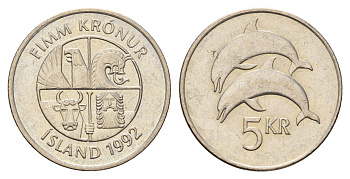 Исландия 5 крон 1992 дельфины KM 28 медно-никель 4691-416