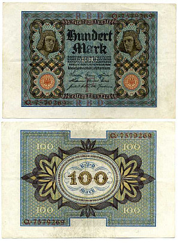 ГЕРМАНИЯ 100 МАРОК 1920 1 НОЯБРЯ 1920, СЕМИЗНАЧНЫЙ НОМЕР Pick 69а бумага 7198-29-2-2