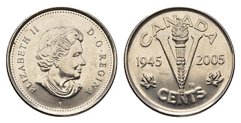 Канада 5 центов 2005 60 лет победы во Второй мировой войне KM 627 никель UNC 75-1629