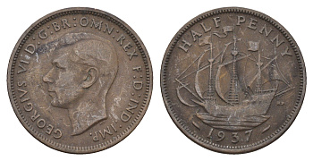Великобритания 1/2 пенни 1937 Георг VI (1936-1952) KM 844, Spink 4115 бронза 4699-417