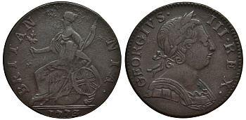 Великобритания 1/2 пенни 1773 Георг III (1760-1820) KM 601, Spink 3774 медь 1523-942
