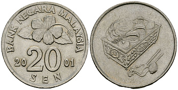 Малайзия 20 сенов 2001 цветок KM 52 медно-никель 4167-316