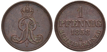 Ганновер 1 пфенниг 1858 B, Георг V KM 233, AKS 156, J. 90 медь 4594-252