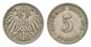 Германия 5 пфеннигов 1906 D, Вильгельм II (1888-1918) KM 11, J. 12 медно-никель 4640-119