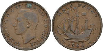 Великобритания 1/2 пенни 1940 Георг VI (1936-1952) KM 844, Spink 4115 бронза 4146-217