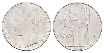 Италия 100 лир 1975 R, Афина в доспехах KM 96.1 нержавеющая сталь 4704-725