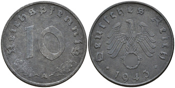 Германия 10 рейхспфеннигов 1943 A KM 101, J.371 цинк 4151-228