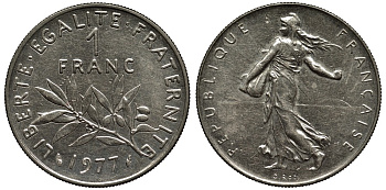 Франция 1 франк 1977 сеятель KM 925.1, Le Franc 226.22 никель 186-911