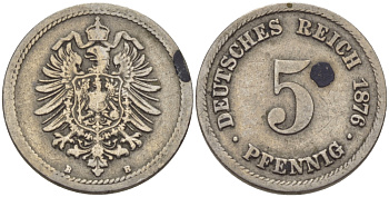 ГЕРМАНИЯ 5 ПФЕННИГОВ 1876 В, СТАРОГЕРБОВКА KM 3, J.3 медно-никель 100-322