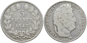 Франция 5 франков 1843 B, Луи Филипп I (1830-1848) KM 749.2 серебро 1066-7-56