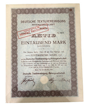 Германия акция в 1000 марок 1920 компании Deutsche Textilvereinigung Aktiengesellschaft / Немецкое Текстильное Объединение бумага 5555-23
