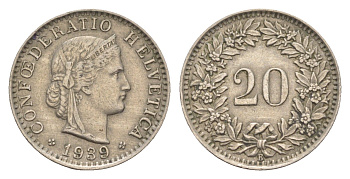 Швейцария 20 раппенов 1939 B KM 29a медно-никель 4643-348