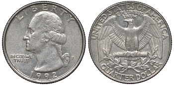 США 25 центов (квотер) 1992 P, Вашингтон KM A164a медь плакированная медно-никелем 4543-1246